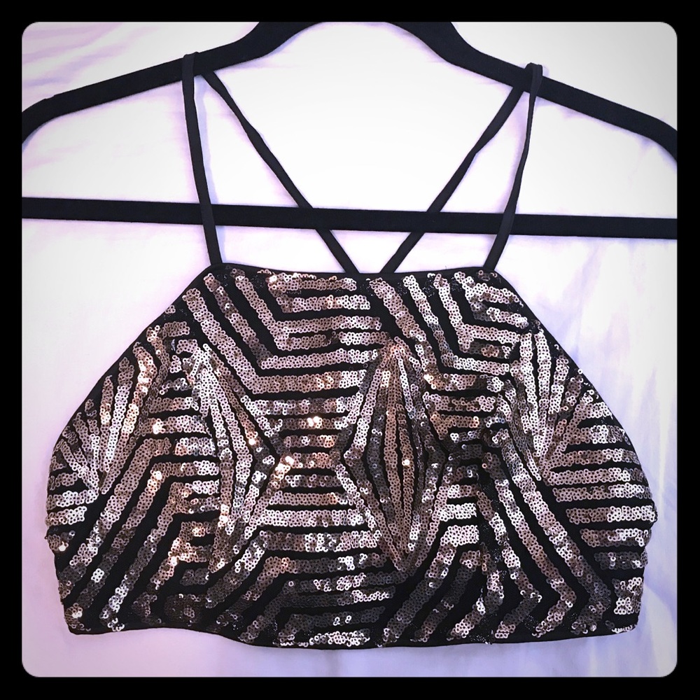 Brand New Black Crop Party Top with Gold Sequins - Picture 3 of 7